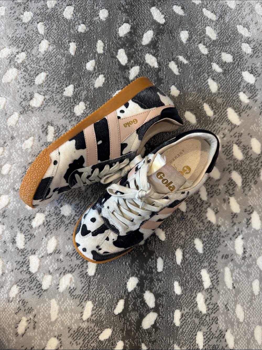 Anthropologie Gola Cow Print Sneakers in Black, White & Pink with Gum Sole